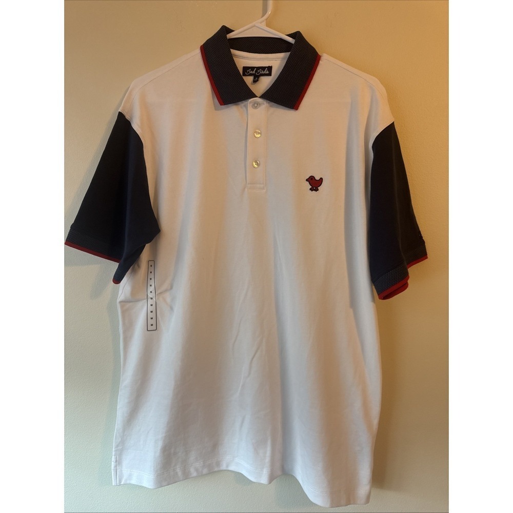 Bad Birdie Pique Golf Polo White Dark Navy Red Shirt Short Sleeve Men's Size M